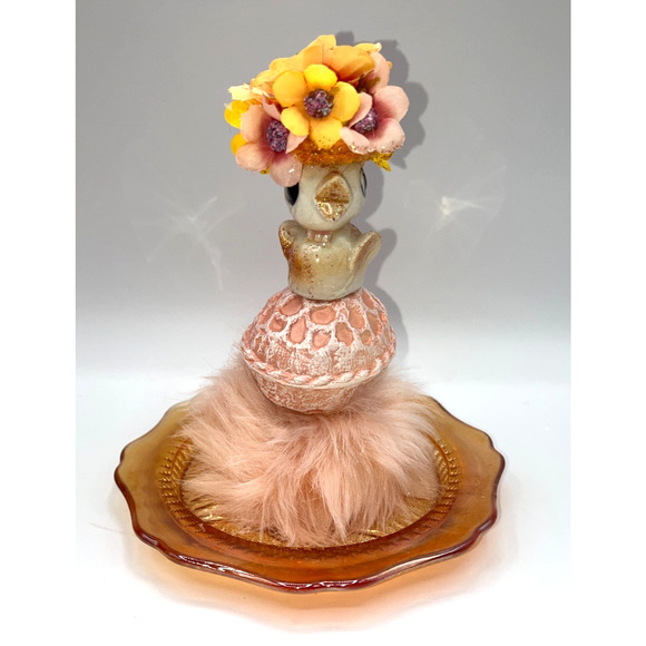 Vintage Mini Ceramic Chick Flower Hat Faux Fur Orange Carnival Glass Plate OOAK - Picture 4 of 16